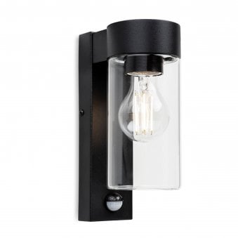 Zara IP44 Down PIR Wall Light in Black with Clear Glass
