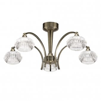 Ryall 5 Light Bronze Semi Flush Light with Clear Ribbed Glasses