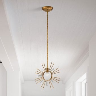 Sun King Single Pendant in a Gold Leaf Finish with Cut Glass Crystals