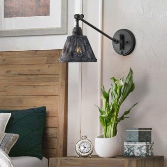Arti Switched Adjustable Wall Light in Black with Black Rattan Shade