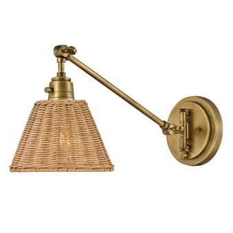 Arti Switched Adjustable Wall Light in Heritage Brass with Natural Rattan Shade