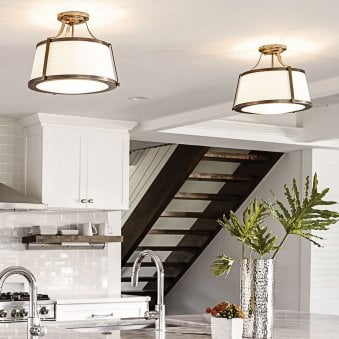 Charlotte Semi Flush Ceiling Light in Brushed Caramel with Linen Shade