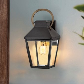 Dawson IP44 Medium Wall Lantern in Black with Burnished Bronze Accent and Clear Glass