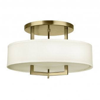 Hampton Semi Flush Ceiling Light in Brushed Brass with Off White Linen Shade