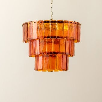 Amber Glass Three Light Chandelier with Brass Detailing