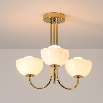 Three Light Glass Bowl Ceiling Light in Brass 