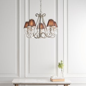 Oksana Five Light Pendant In Polished Nickel With Chocolate Fabric Shades