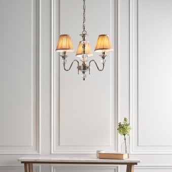 Polina Three Light Pendant In Polished Nickel With Beige Fabric Shades