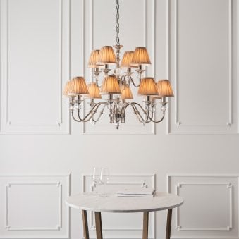 Polina Twelve Light Pendant In Polished Nickel With Beige Fabric Shades