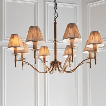Stanford Eight Light Pendant In Antique Brass With Beige Fabric Shades