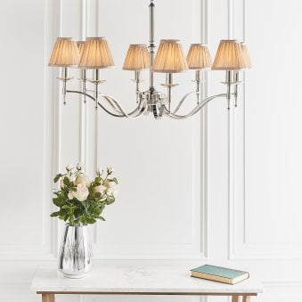 Stanford Eight Light Pendant In Polished Nickel With Beige Fabric Shades