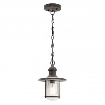 Riverwood IP44 Medium Exterior Pendant in Weathered Zinc with Seeded Glass