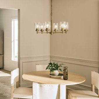 Winslow Six Arm Single Drop Pendant in Natural Brass with Clear Seeded Glass