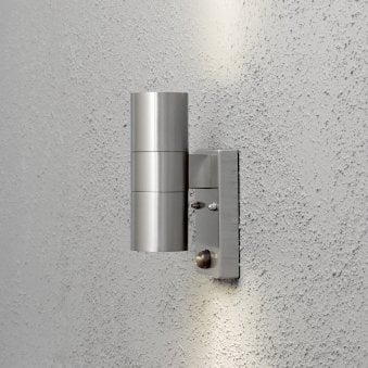 Modena PIR IP44 Outdoor Twin GU10 Wall Light in Brushed Stainless Finish