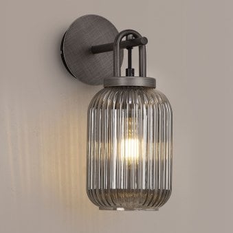 Atherington Wall Light in Aged Pewter with Smoked Ribbed Glass Shade