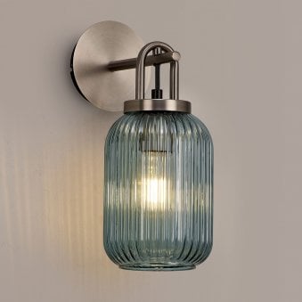 Atherington Wall Light in Antique Silver with Petrol Blue Ribbed Glass Shade
