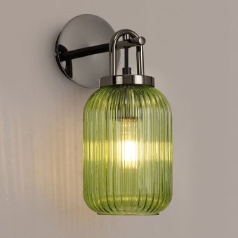 Atherington Wall Light in Black Chrome with Green Ribbed Glass Shade