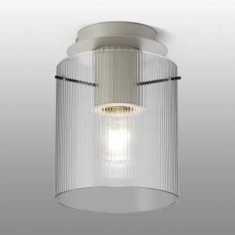 Belstone Fine Ribbed Round Flush Ceiling Light in Beige Stone with Clear Glass