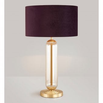 Hamble Tubular Table Lamp in Satin Gold with Cognac Glass and Aubergine Velvet Shade