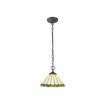 Postbridge 2 Light Downlighter Pendant in Aged Antique Brass With 30cm Tiffany Green Cream and Crystal Shade
