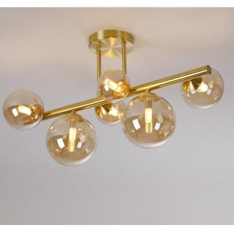 Shute 6lt Semi Flush Ceiling Light in Satin Gold & Amber Plated Glass