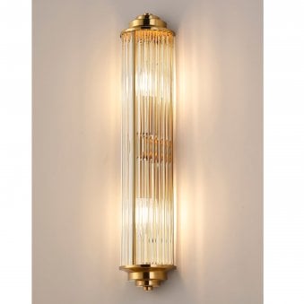 Tansley E14 Twin Lamp IP44 Flush Wall Light in Gold with Clear Glass Rods