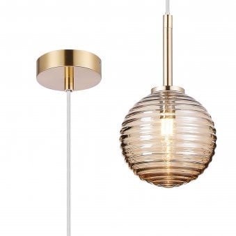 Tenterden Single Drop Pendant in Brass Gold with Ribbed Round Amber Glass Diffuser