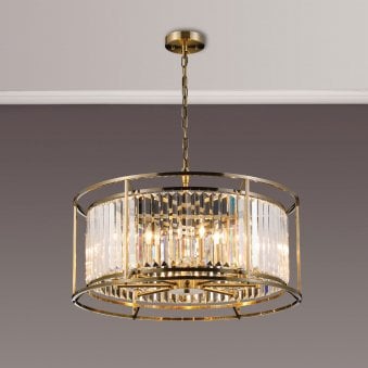 Torrington 8 Lamp 650mm Pendant in Antique Brass with Clear Crystals