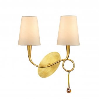 Paola Twin Wall Lamp In Painted Gold & Amber With Cream Fabric Shade