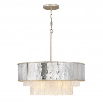 Reverie Eight Lamp Pendant with Crystal Panels with Hammered Stainless Steel Shade