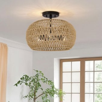 Casablanca Semi Flush Ceiling Light in Palladian Bronze with Natural Paper Rope Shade