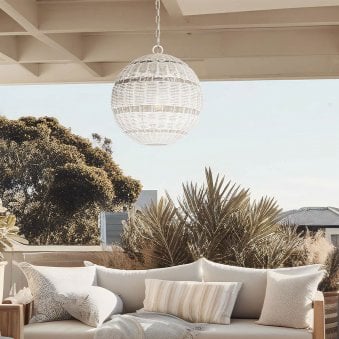 Lindendale IP44 Pendant in Antique White with White Faux Rattan Shade with Clear Glass Inside 