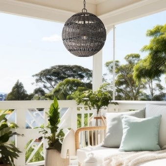 Lindendale IP44 Pendant in Western Bronze with Bronze Faux Rattan Shade with Clear Glass Inside 