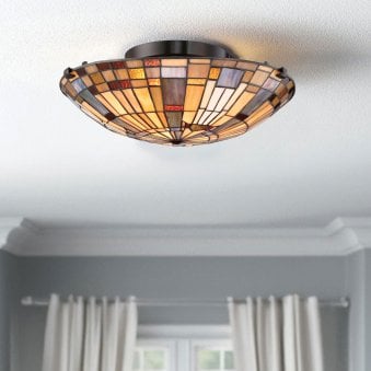 Tiffany Inglenook Flush Ceiling Light in Shades of Sapphire Blue Warm Honey Amber and Cream