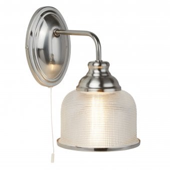 Bistro II Switched Wall Light In Satin Silver With Holophane Glass Shade