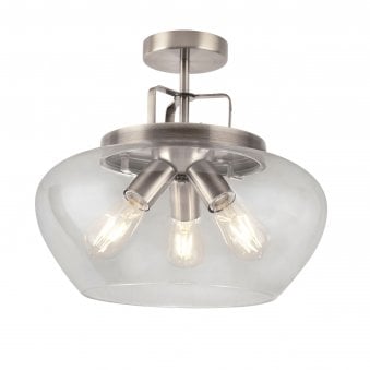 Boule Semi Flush Ceiling Light In Satin Silver With Clear Glass Shade