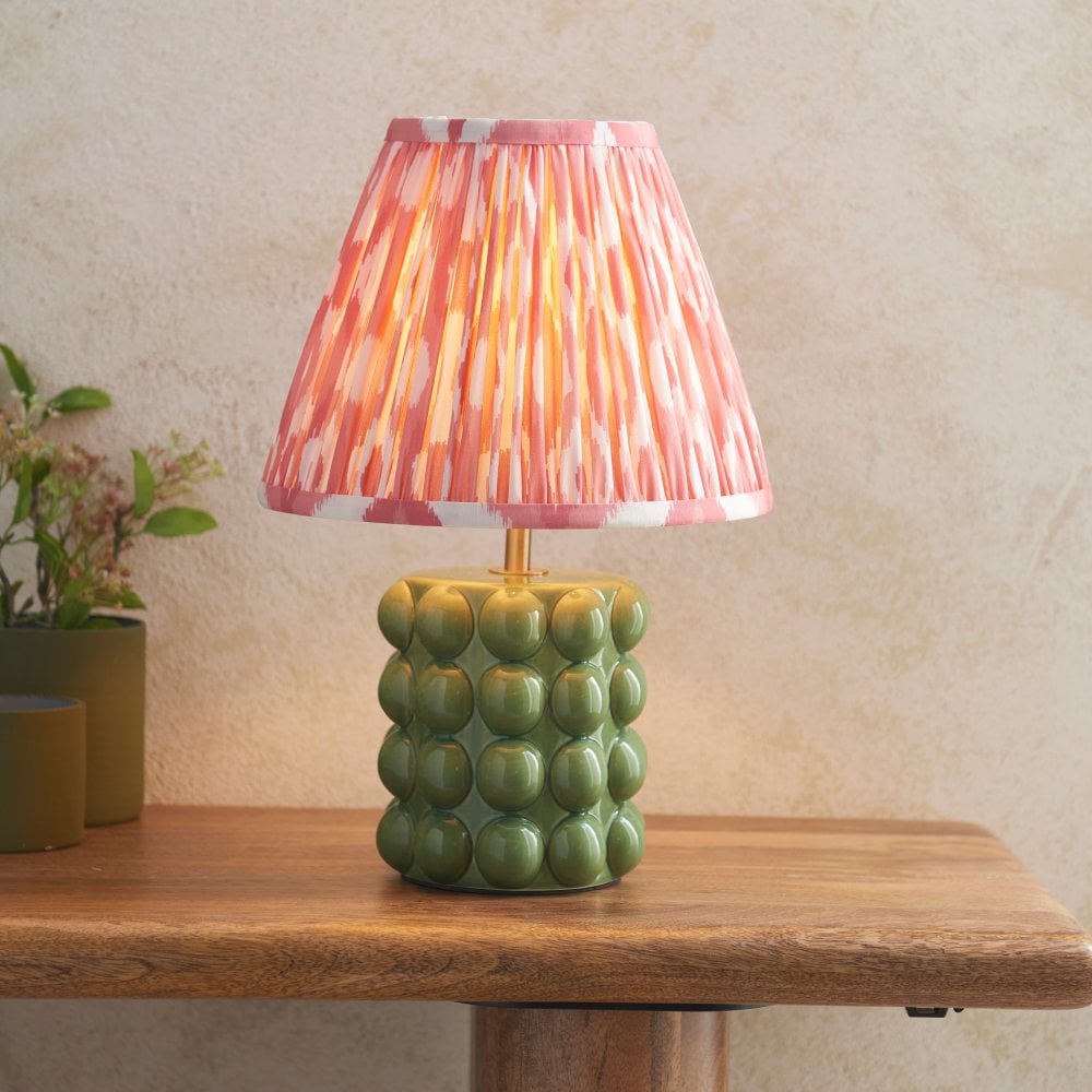 Bobble Ceramic Table Lamp in Olive Green with Ikat 25cm Coral Pink Shade