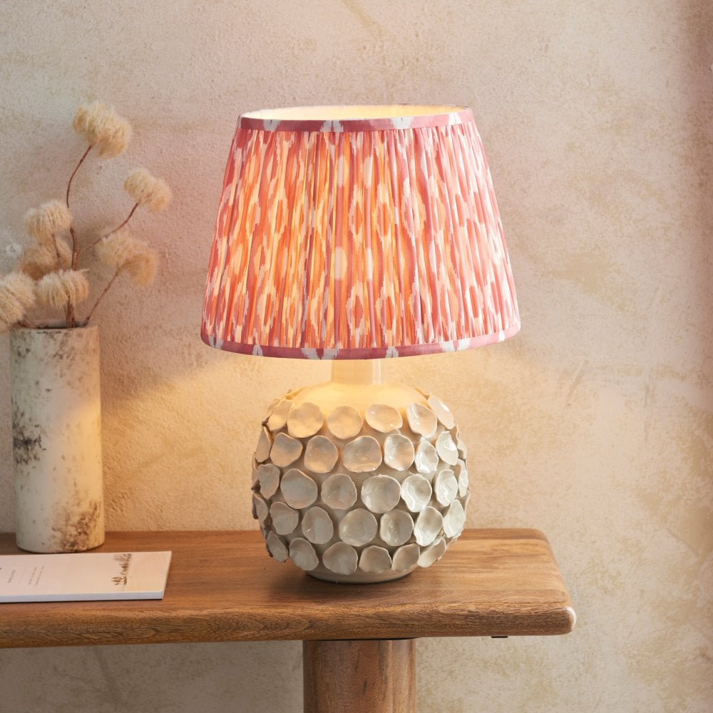 Borello Ceramic Table Lamp in Vintage White with Ikat 35cm Coral Pink Shade