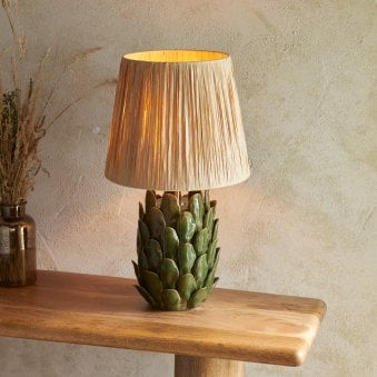 Layered Leaf Ceramic Table Lamp in Olive Green Glaze with Natural Raffia 32cm Shade