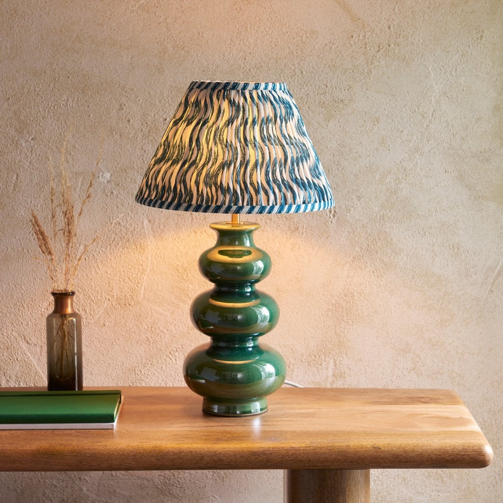 Monroe Ceramic Table Lamp in Gloss Green Glaze with Ripple 30cm Marlin Blue Shade