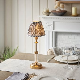 Morton Rechargeable Table Lamp in Brushed Aged Brass with Ripple 16cm Pearl Grey Shade