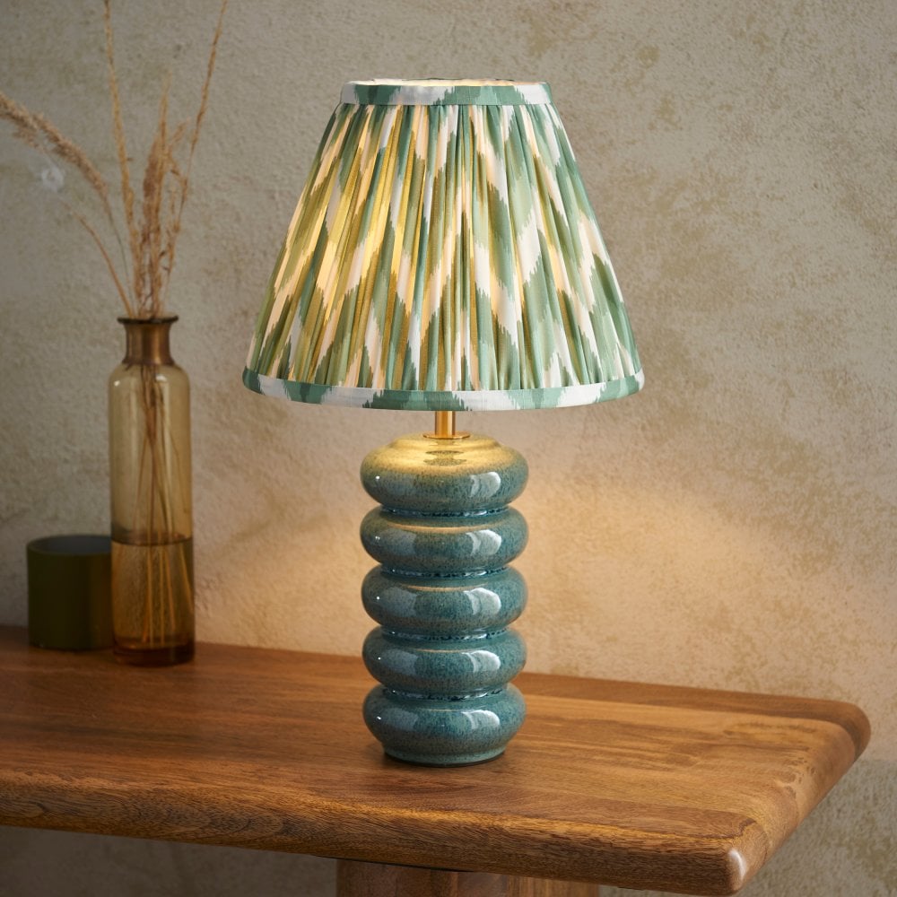 Squash Ceramic Table Lamp in Ocean Spray Glaze with Zigzag 25cm Cotswold Green Shade