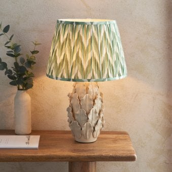 Tall Layered Leaf Ceramic Table Lamp in Ivory Crackle Glaze with Zigzag Cotswold Green 35cm Shade