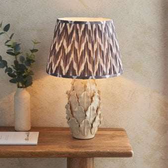 Tall Layered Leaf Ceramic Table Lamp in Ivory Crackle Glaze with Zigzag Pearl Grey 35cm Shade