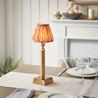 Trobridge Rechargeable Table Lamp in Brushed Aged Brass with Ikat 16cm Coral Pink Shade