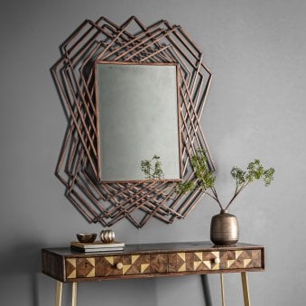 Bisham Burnished Copper Finished Geometric Metal Frame Rectangle Wall Mirror