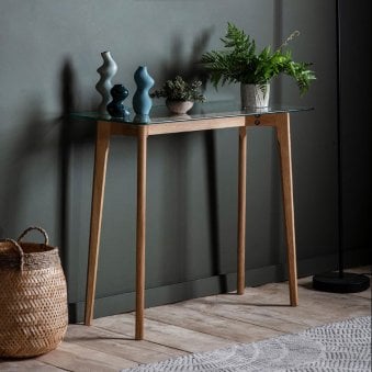 Stanford Natural Oak and Clear Glass Top Console Table