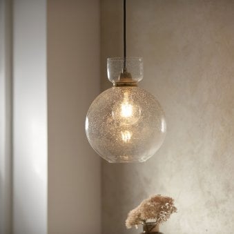 Blidworth Pendant in Brass with Clear Blown Glass with Bubbles