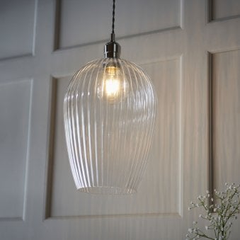 Hoburne Large Pendant in Bright Nickel with Clear Ribbed Glass
