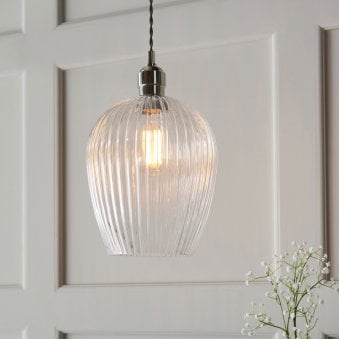 Hoburne Pendant in Bright Nickel with Clear Ribbed Glass